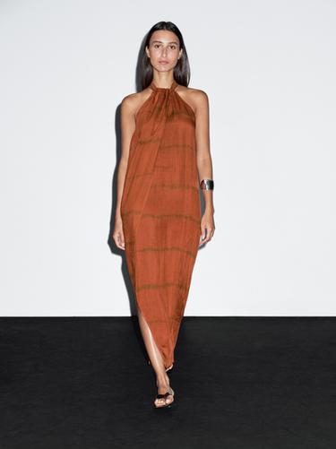 Zara Long striped halter dress - Brick - Image 0