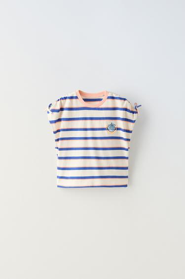 T-SHIRT À RAYURES BRODÉ AVEC LACETS - Bleu roi de Zara - Image 0