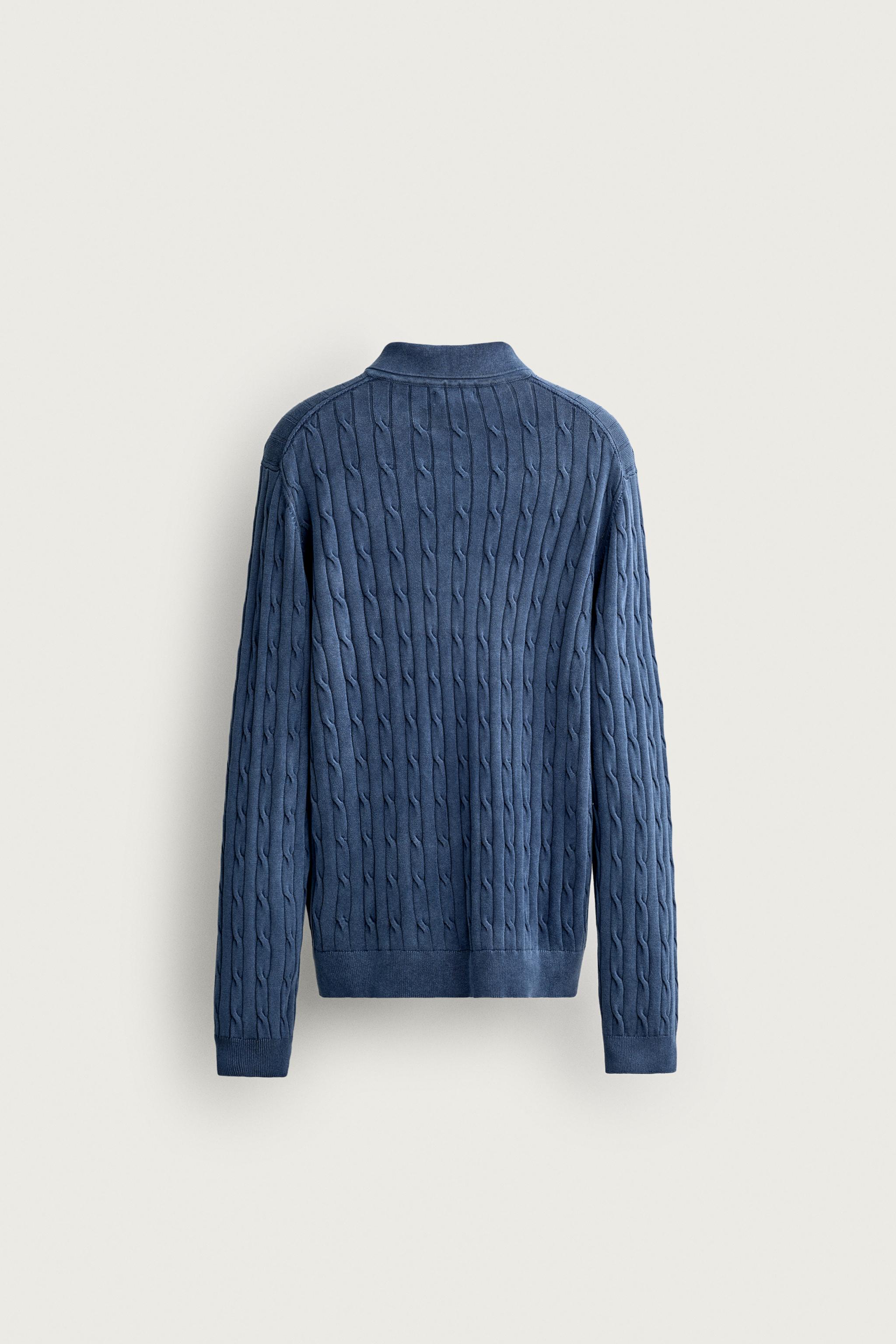 WASHED EFFECT CABLE KNIT POLO SHIRT — Navy blue