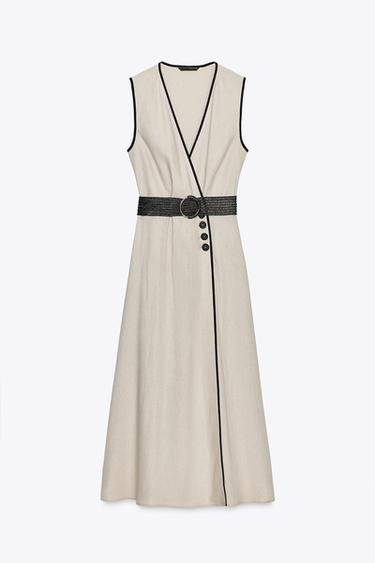 LINEN BLEND MIDI DRESS WITH BELT - Light beige by Zara - Image 4