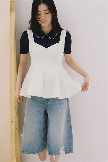 STRETCH JACQUARD PEPLUM TOP - Oyster-white by Zara - Image 0