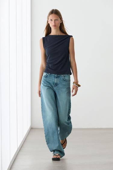 Zara Asymmetric drop sleeve top - Blue - Image 0