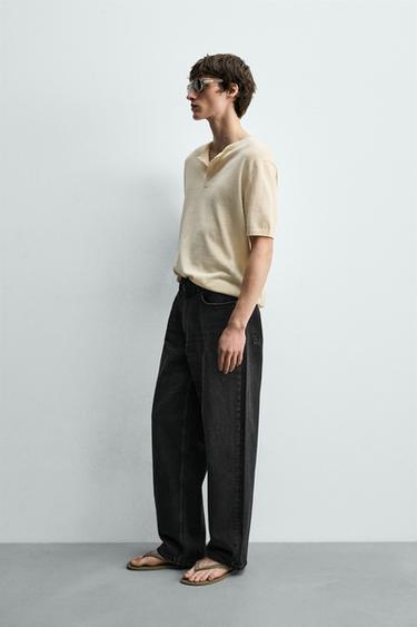 KNITTED COTTON-LINEN HENLEY T-SHIRT - Ecru by Zara - Image 3