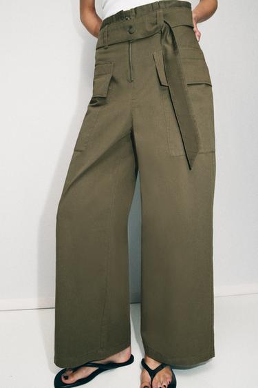 Zara BELTED PAPERBAG CARGO PANTS - Khaki