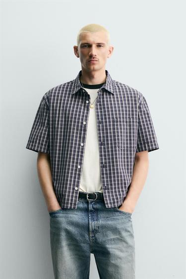 KEMEJA RELAXED FIT KOTAK-KOTAK - Biru dari Zara