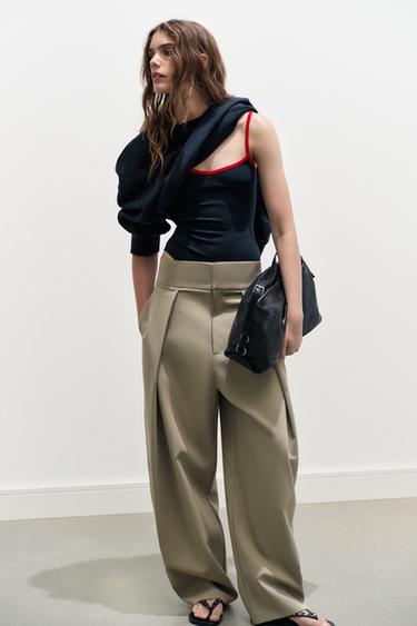 STRIPED PLEATED BALLOON TROUSERS - Mid-green by Zara