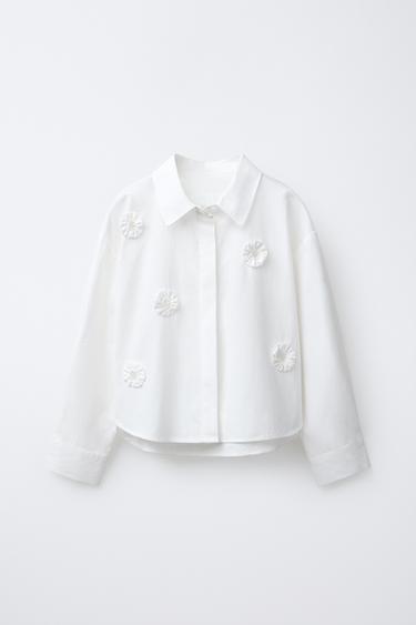 Zara 3D FLOWER POPLIN SHIRT - White