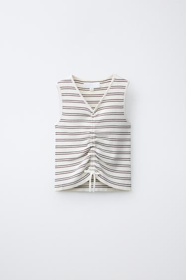 Zara RIBBED KNIT RUCHED TOP - Brown Stripes