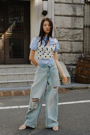 TRF ミッドライズ折り返しウエストデニムパンツライトブルーZaraのTRF ミッドライズ折り返しウエストデニムパンツ - ライトブルー 