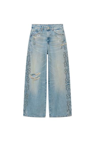 JEANS TRF WIDE LEG ROTOS TACHAS - Azul claro de Zara