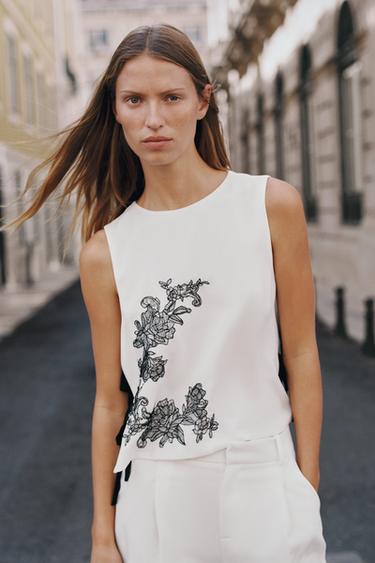EMBROIDERED FLORAL TIE TOP - Ecru de Zara - Image 1