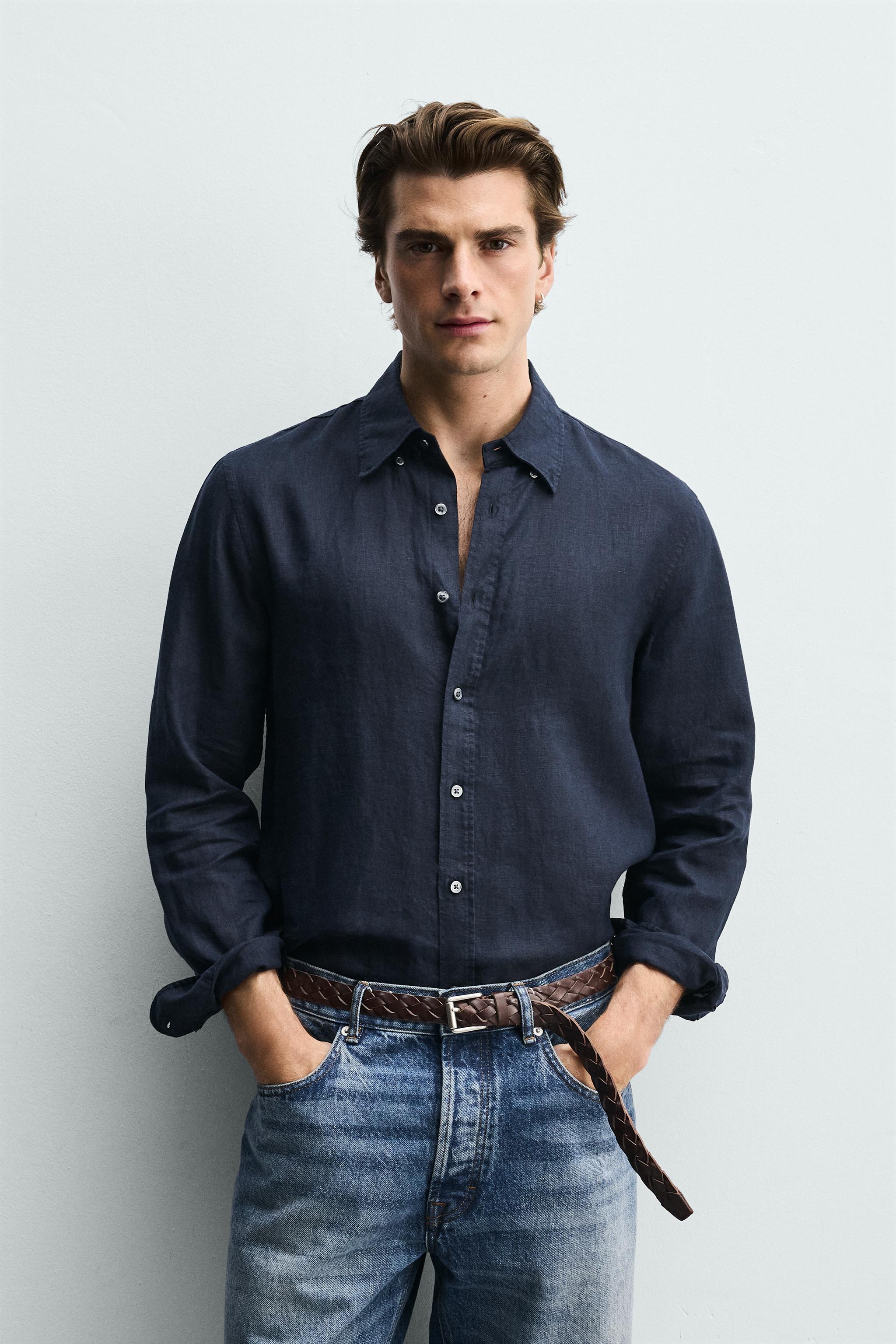 100% LINEN REGULAR FIT SHIRT — Dark navy