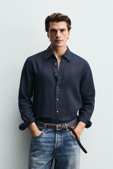 100% LINEN REGULAR FIT SHIRT — Dark navy 2