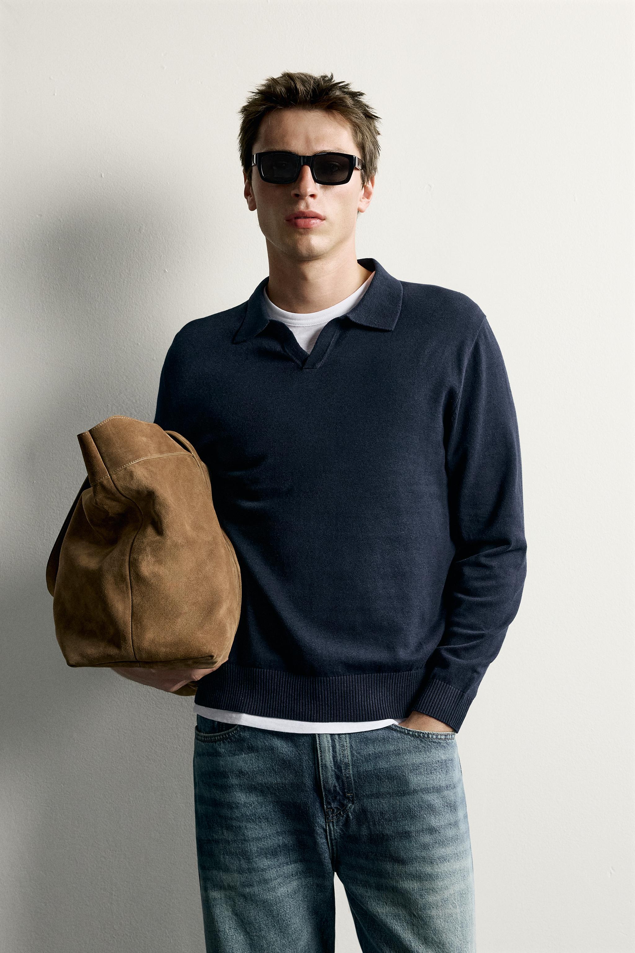 COTTON-LINEN KNIT REGULAR FIT POLO — Navy blue