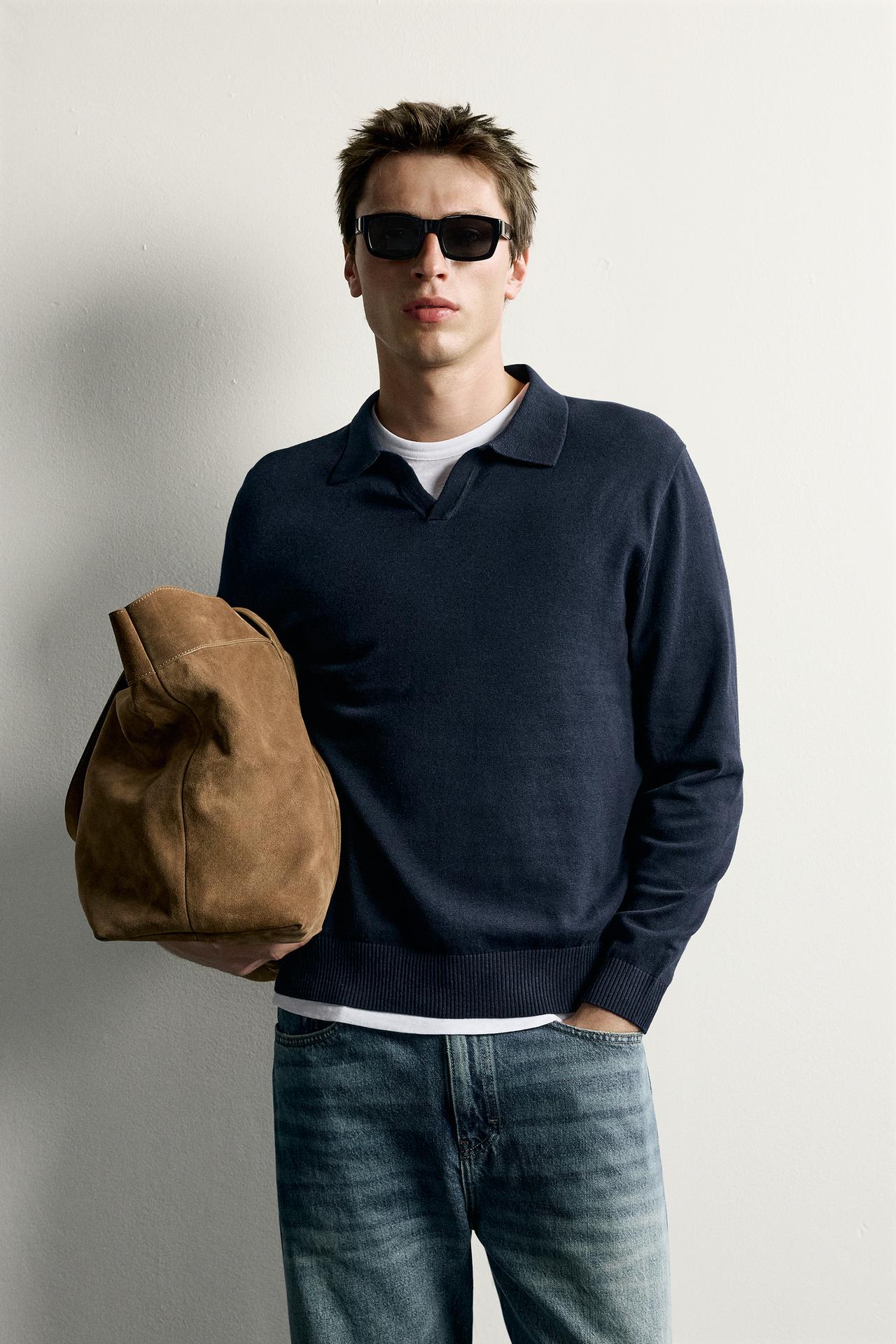 COTTON-LINEN KNIT REGULAR FIT POLO — Navy blue