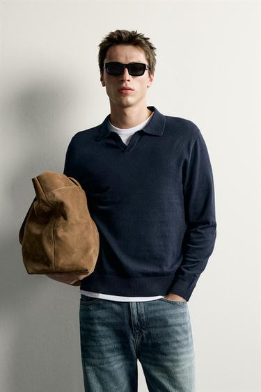 Zara COTTON-LINEN KNIT REGULAR FIT POLO - Navy blue