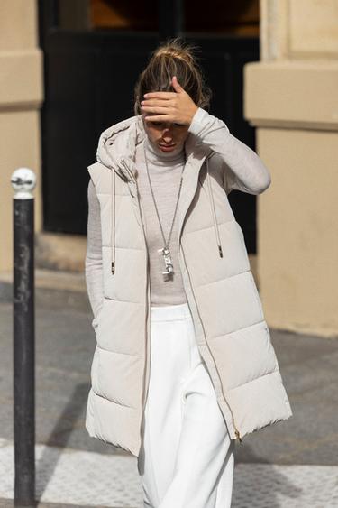 LONG QUILTED GILET WITH HOOD - Ecru by Zara - Image 2