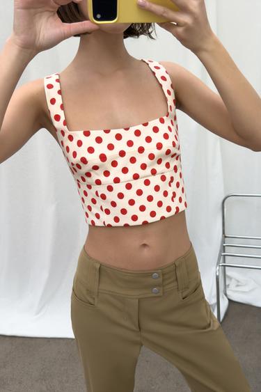 TOP COURT À POIS - Écru / Rouge de Zara - Image 3