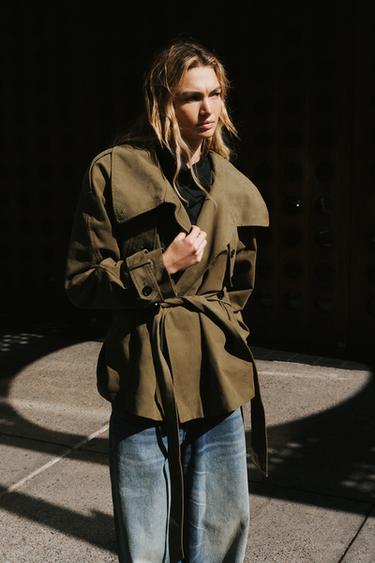 SHORT COTTON TRENCH COAT WITH BELT - Dark khaki by Zara