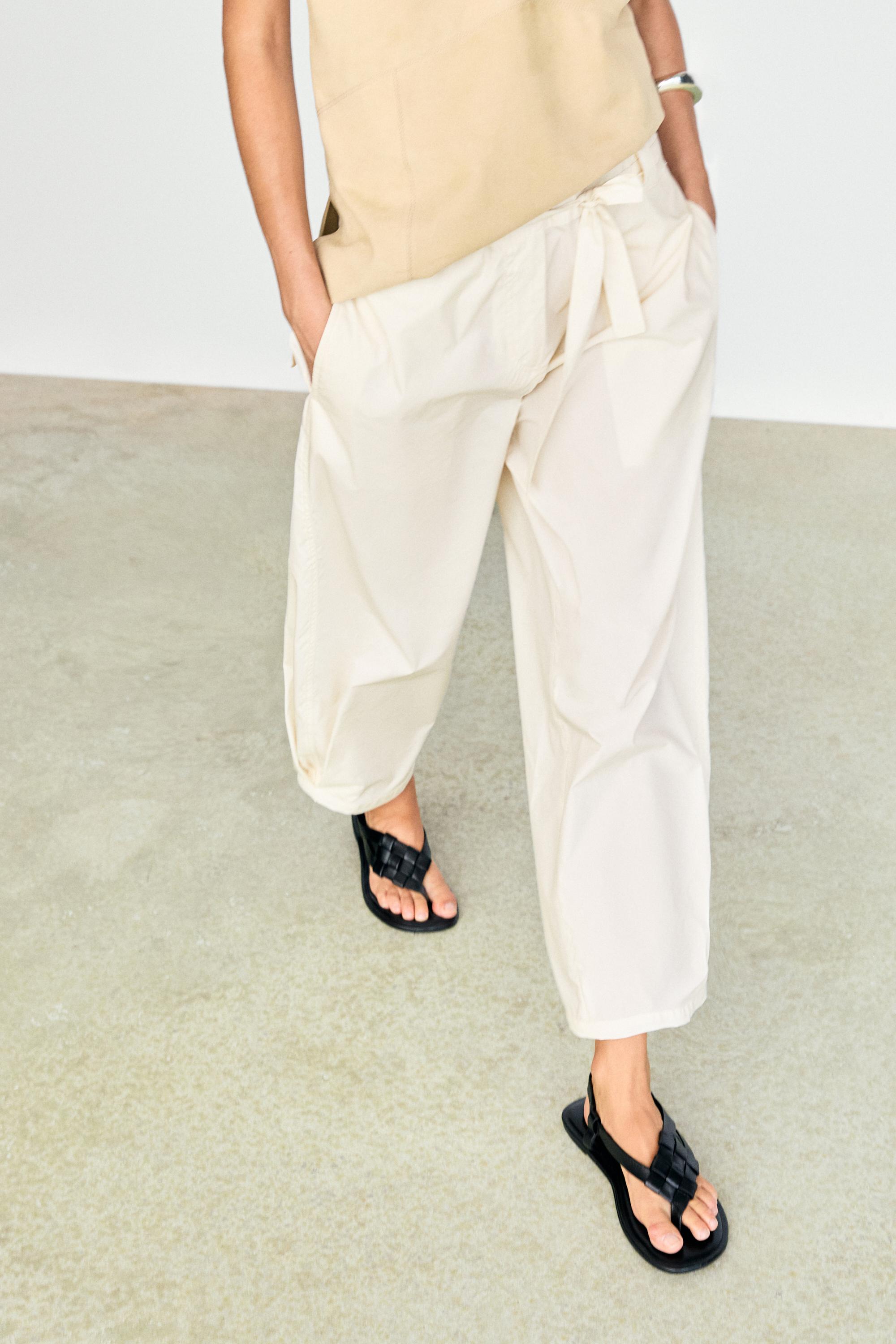 Cotton blend pants with tie detail — White