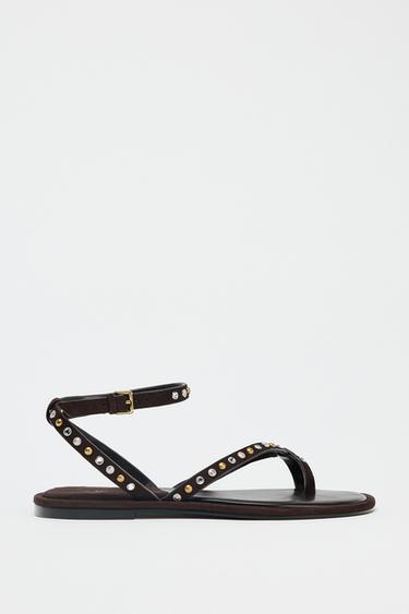 Zara BEADED LEATHER SANDALS - Brown - Image 0