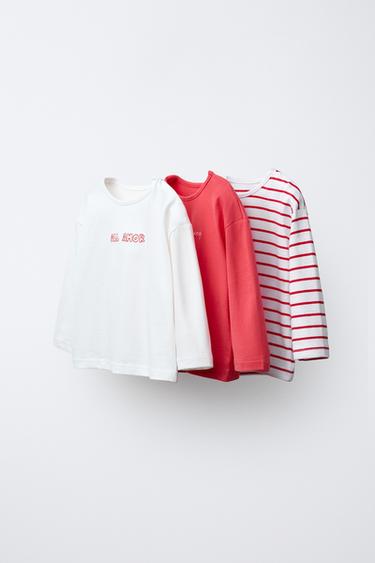 3-PACK OF STRIPED T-SHIRTS WITH EMBROIDERED SLOGAN - Red by Zara