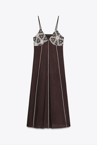 ROBE MIDI BRODÉE À BRETELLES - Chocolat de Zara - Image 6