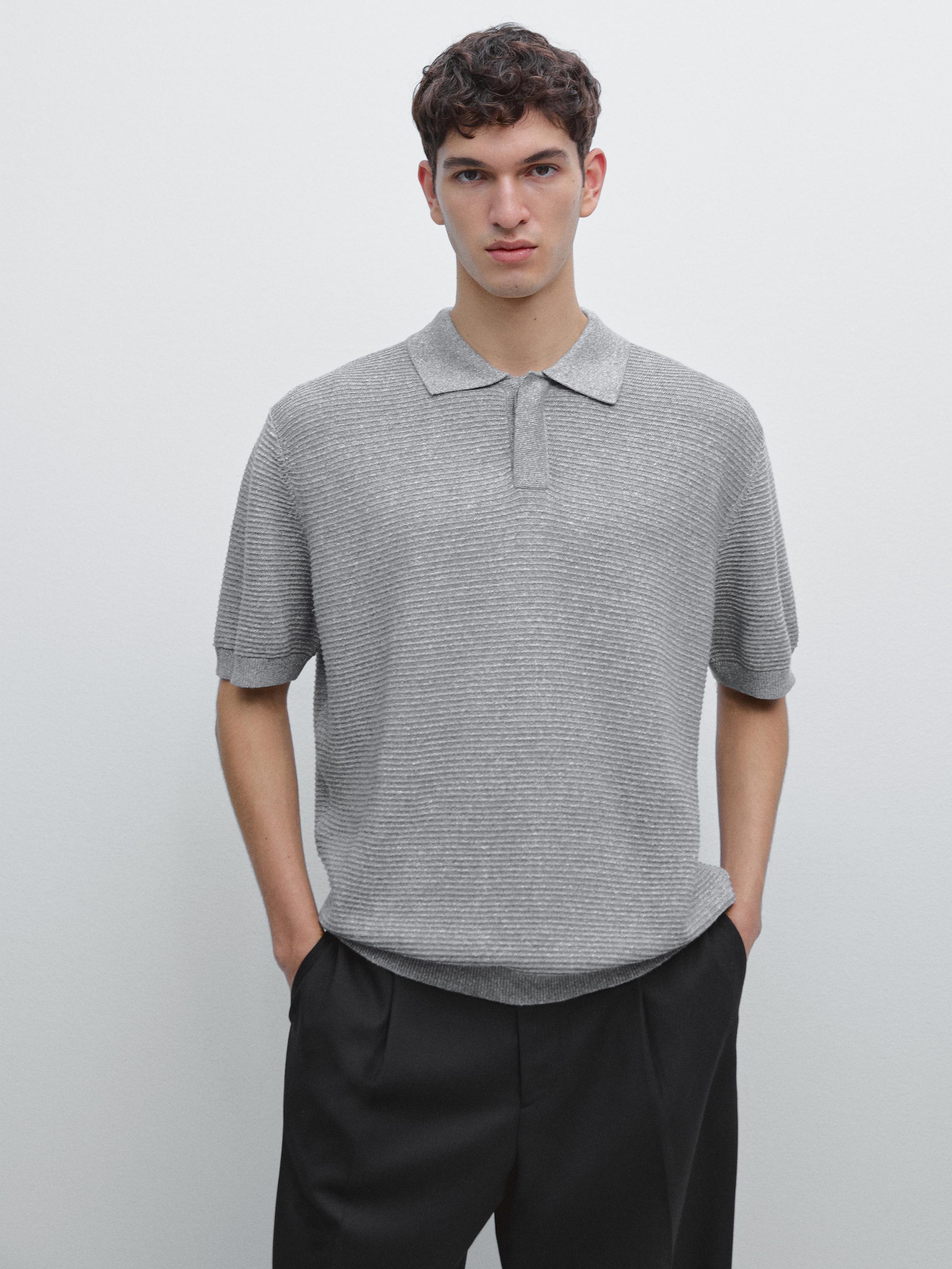 Linen and cotton blend knit polo shirt with short sleeves