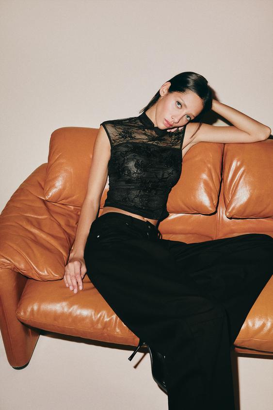 Zara EMBROIDERED LACE TOP - Black - Image 0