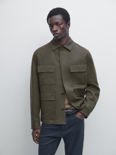 Zara Linen overshirt with pocket details - Dark khaki