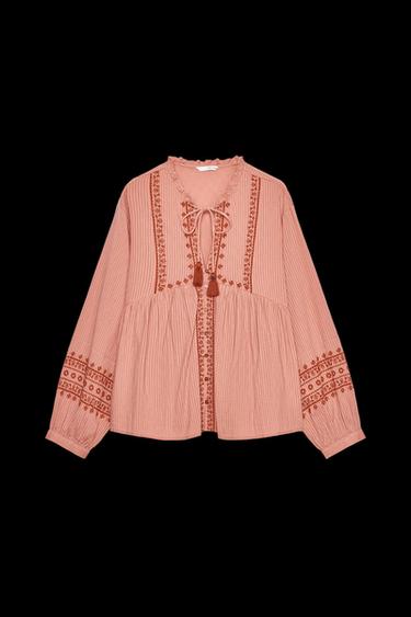 BLUSA BORDADOS CONTRASTE - MARSALA de Zara