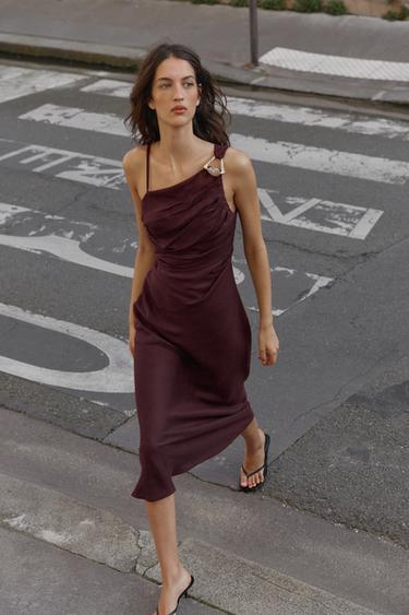 ASYMMETRIC 100% LINEN MIDI DRESS - Aubergine by Zara