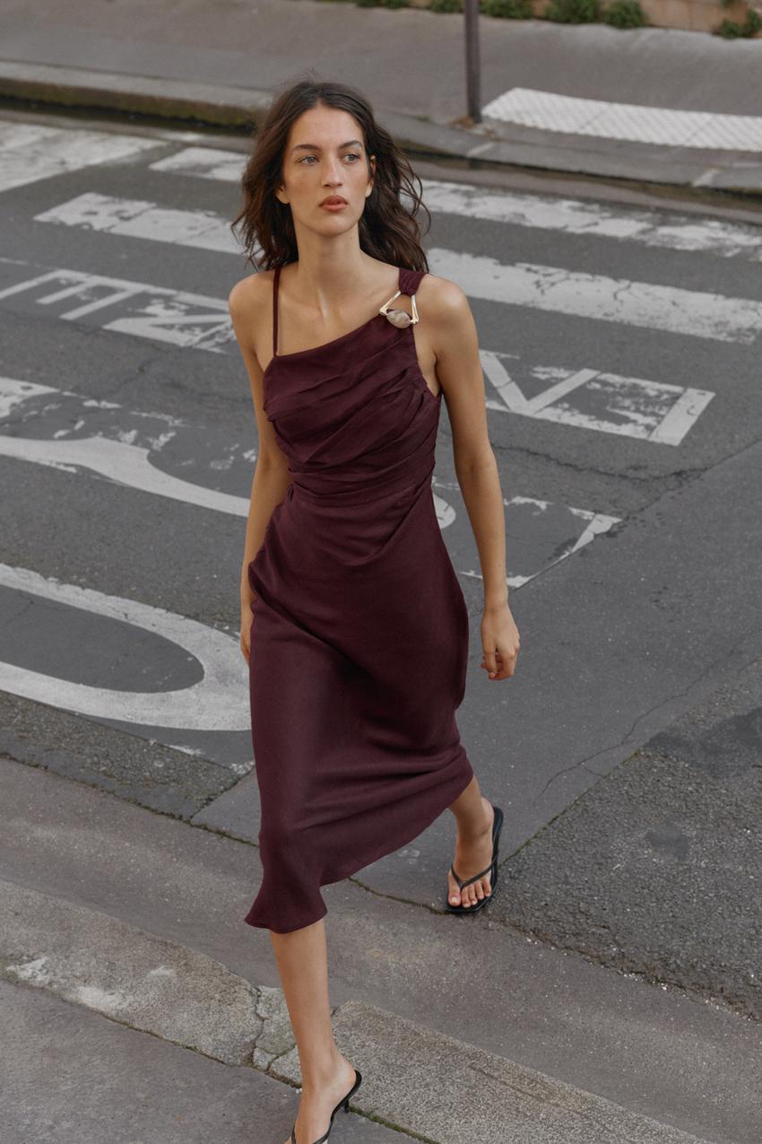 ASYMMETRIC 100% LINEN MIDI DRESS - Eggplant | ZARA United States ASYMMETRIC 100% LINEN MIDI DRESS - Eggplant | ZARA United States
