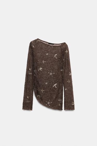 Zara BEADED EMBROIDERED DRAPED TULLE TOP - Brown