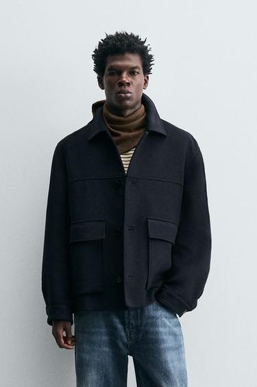 Zara WOOL BLEND SHORT COAT - Blue