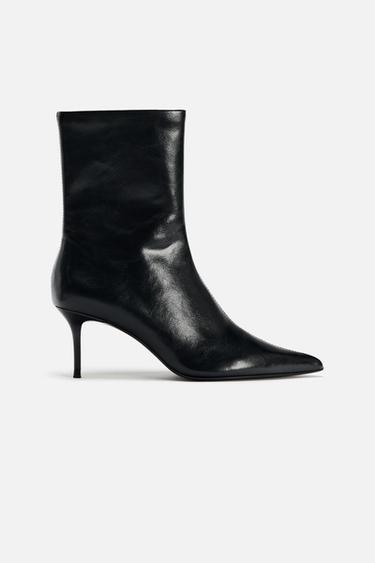 Zara FAUX PATENT LEATHER STILETTO HEELED ANKLE BOOTS - Black