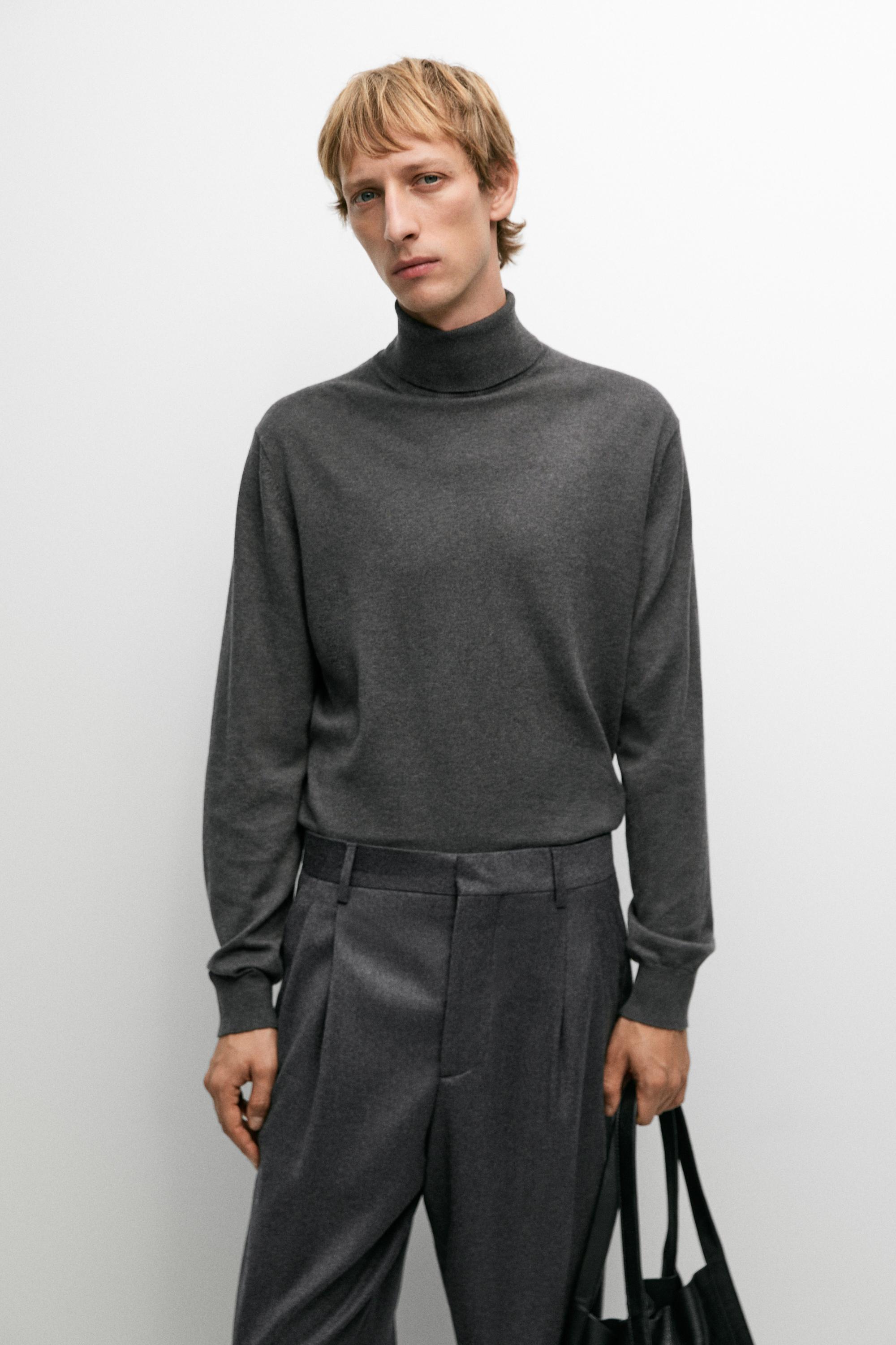 Cotton blend knit high-neck sweater