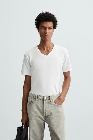 Zara BASIC V-NECK T-SHIRT - White