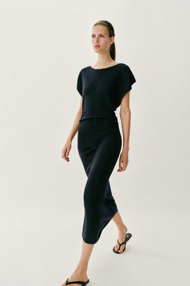 ROBE LONGUE EN MAILLE À FRONCES LATÉRALES - Bleu marine de Zara - Image 3