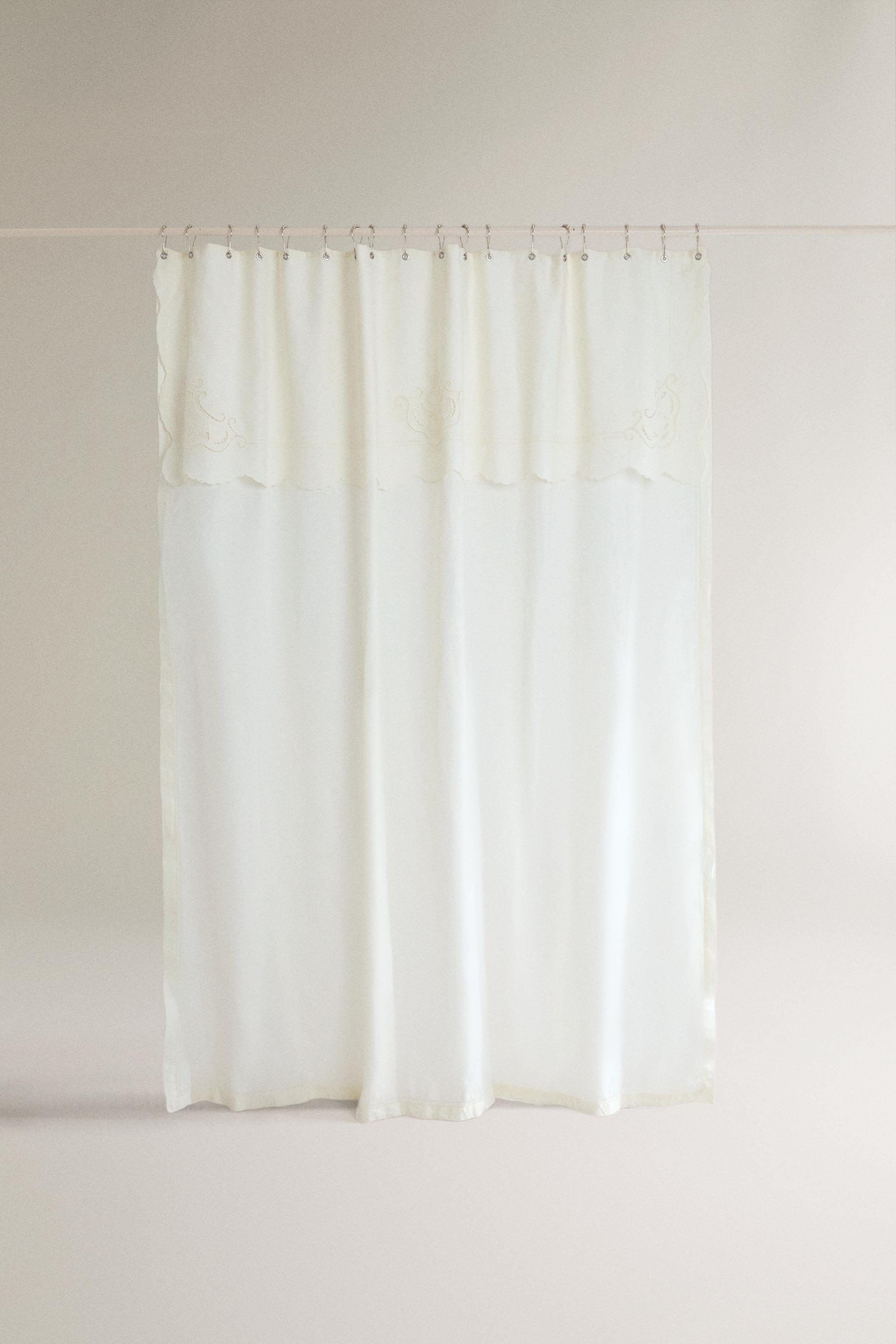 EMBROIDERED LINEN AND COTTON SHOWER CURTAIN