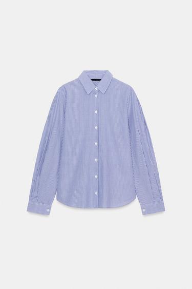 Zara STRIPED COTTON SHIRT - Ecru / Blue