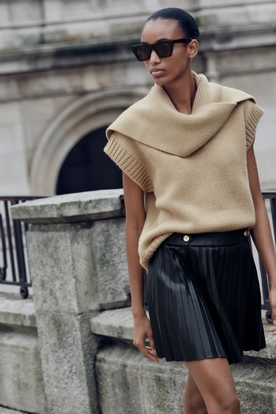 Moda Falda Negra Efecto Piel Zara Outfit Falda Midi Falda Plisada Efecto  Piel Zara Falda Larga Large