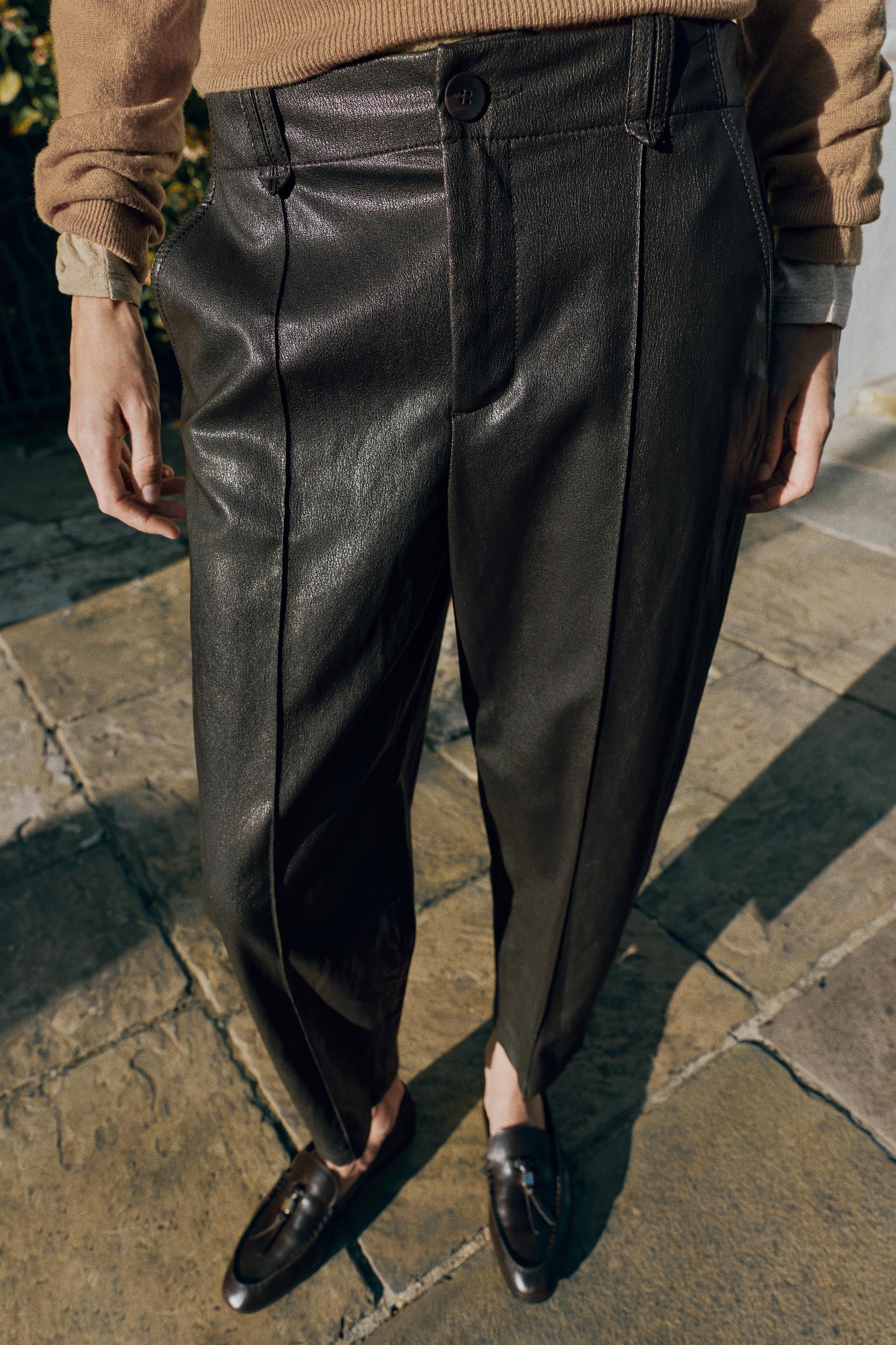 Женские брюки Zara Faux Leather Seam, цвет: Коричневый — фото 3