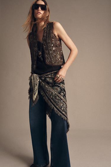 Zara BEADED EMBROIDERED VEST ZW COLLECTION - Chocolate brown