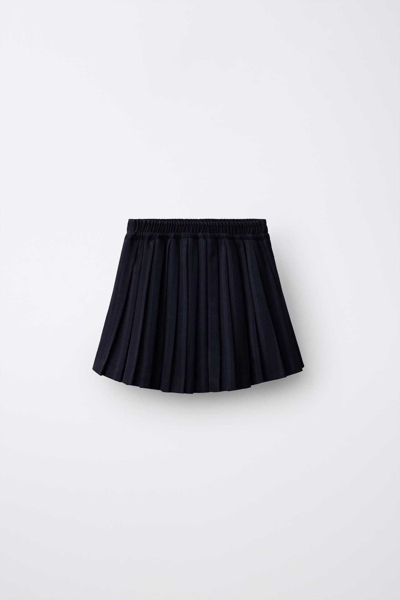 STRIPED PLEATED SKIRT — Navy blue