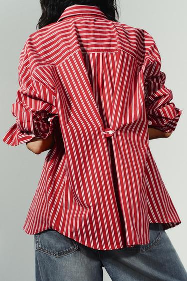 Zara STRIPED OVERSIZED POPLIN SHIRT - Red / White