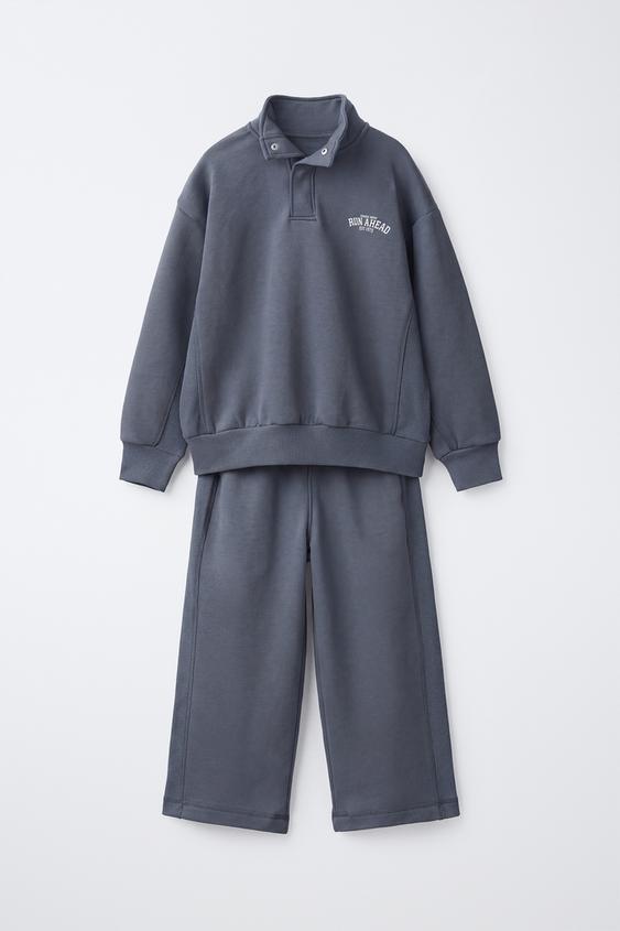 VARSITY TEXT SWEATSHIRT AND WIDE-LEG TROUSERS SET - Grey / Blue by Zara - Image 0