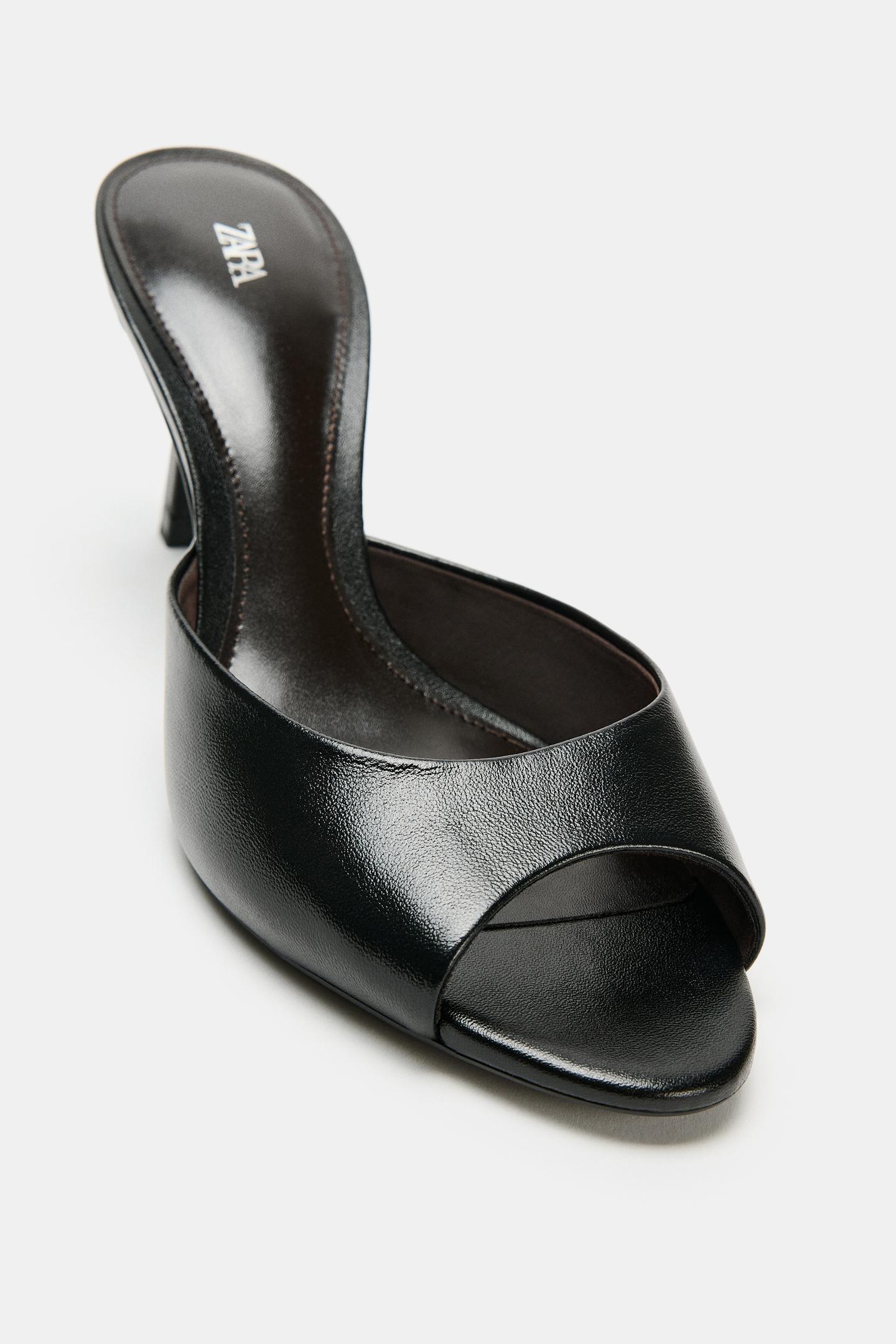 Женские сабо Zara Leather Heeled Mules, цвет: Чёрный — фото 4