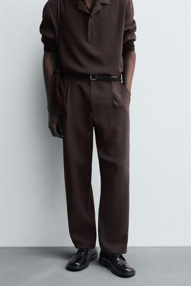 RELAXED FIT PLEATED TROUSERS - Brown by Zara