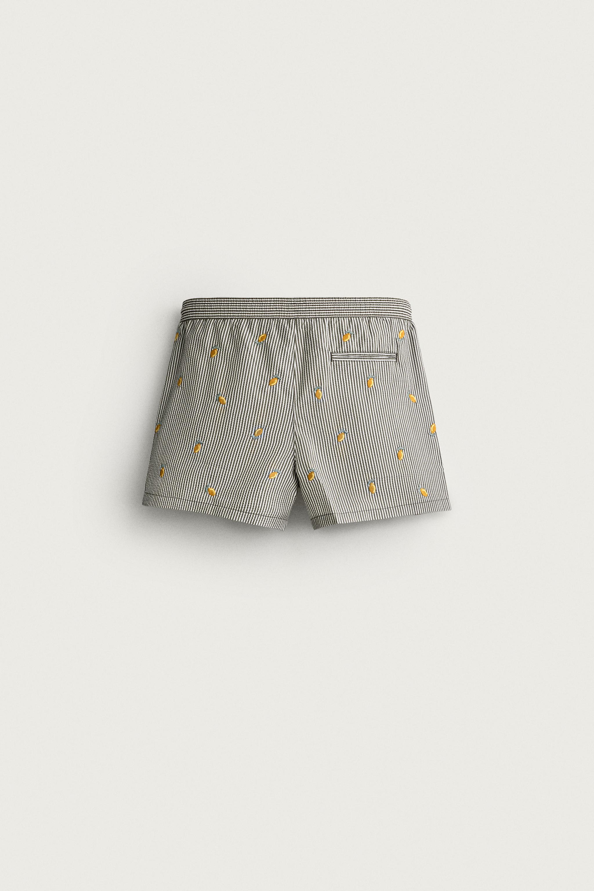 EMBROIDERED SEERSUCKER SWIM SHORTS - Khaki | ZARA United States